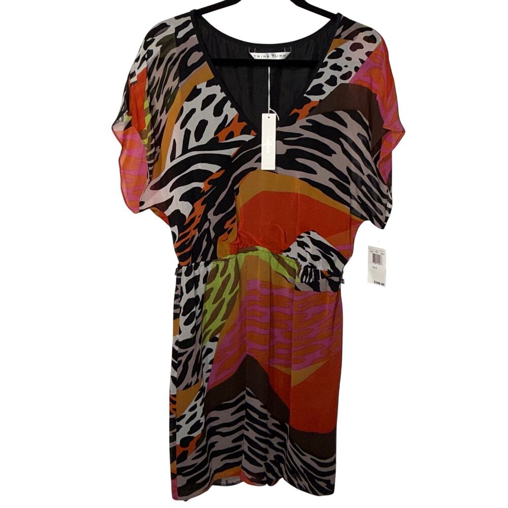 NWT Trina Turk Zebra Animal Print Sheer Chiffon Dolman Dress Multi Color Size 8
